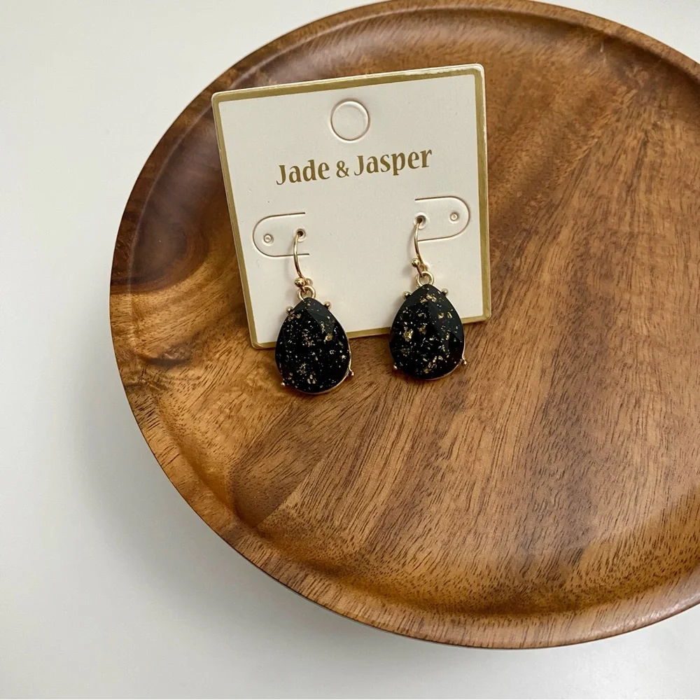4/$15 Black Gold Foil Scrape Acrylic Teardrop Dangly Earrings